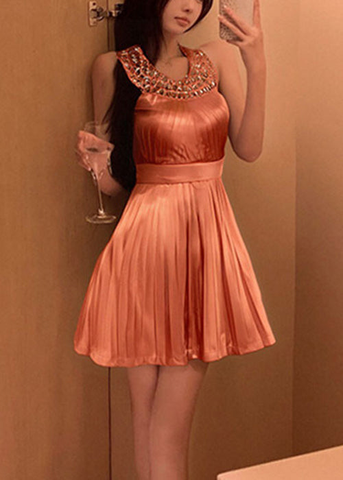 Stylish Orange Zircon Wrinkled Mini Dress Sleeveless