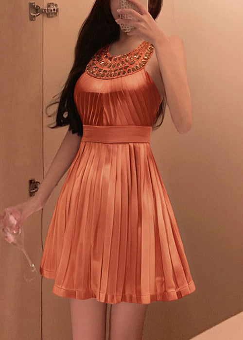 Stylish Orange Zircon Wrinkled Mini Dress Sleeveless