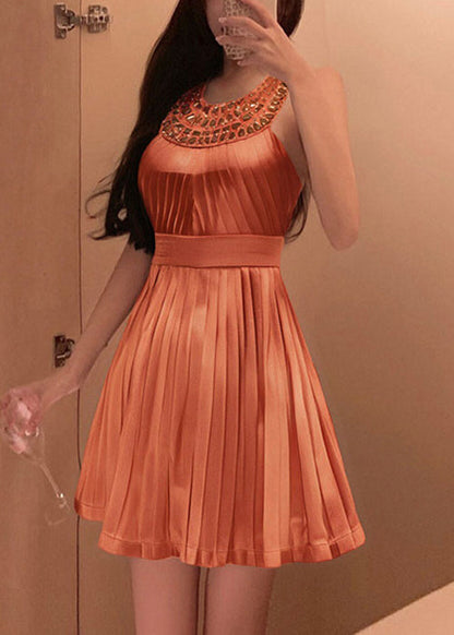 Stylish Orange Zircon Wrinkled Mini Dress Sleeveless
