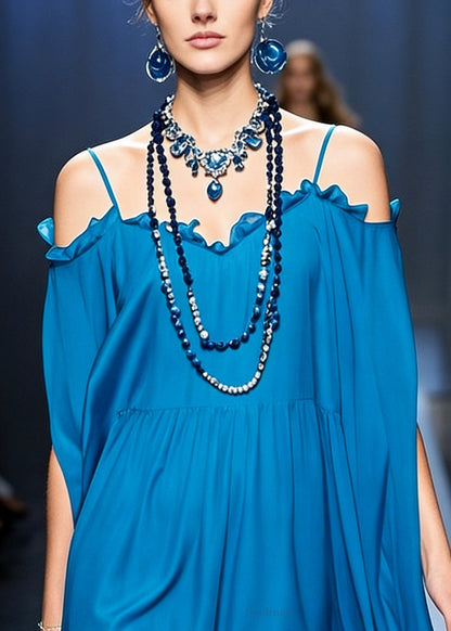 Stylish Peacock Blue Cold Shoulder Ruffled Chiffon Spaghetti Strap Dress Summer