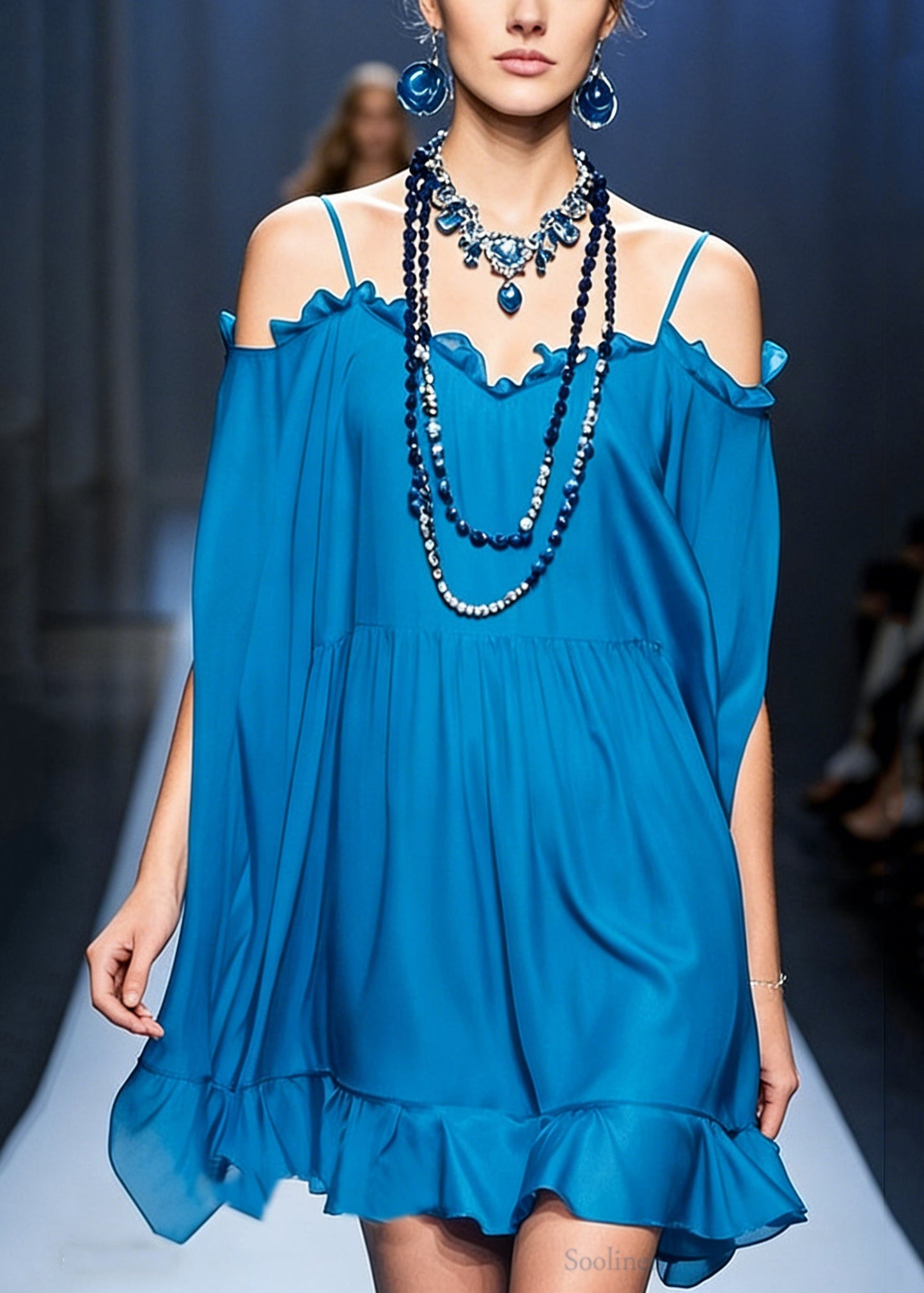 Stylish Peacock Blue Cold Shoulder Ruffled Chiffon Spaghetti Strap Dress Summer
