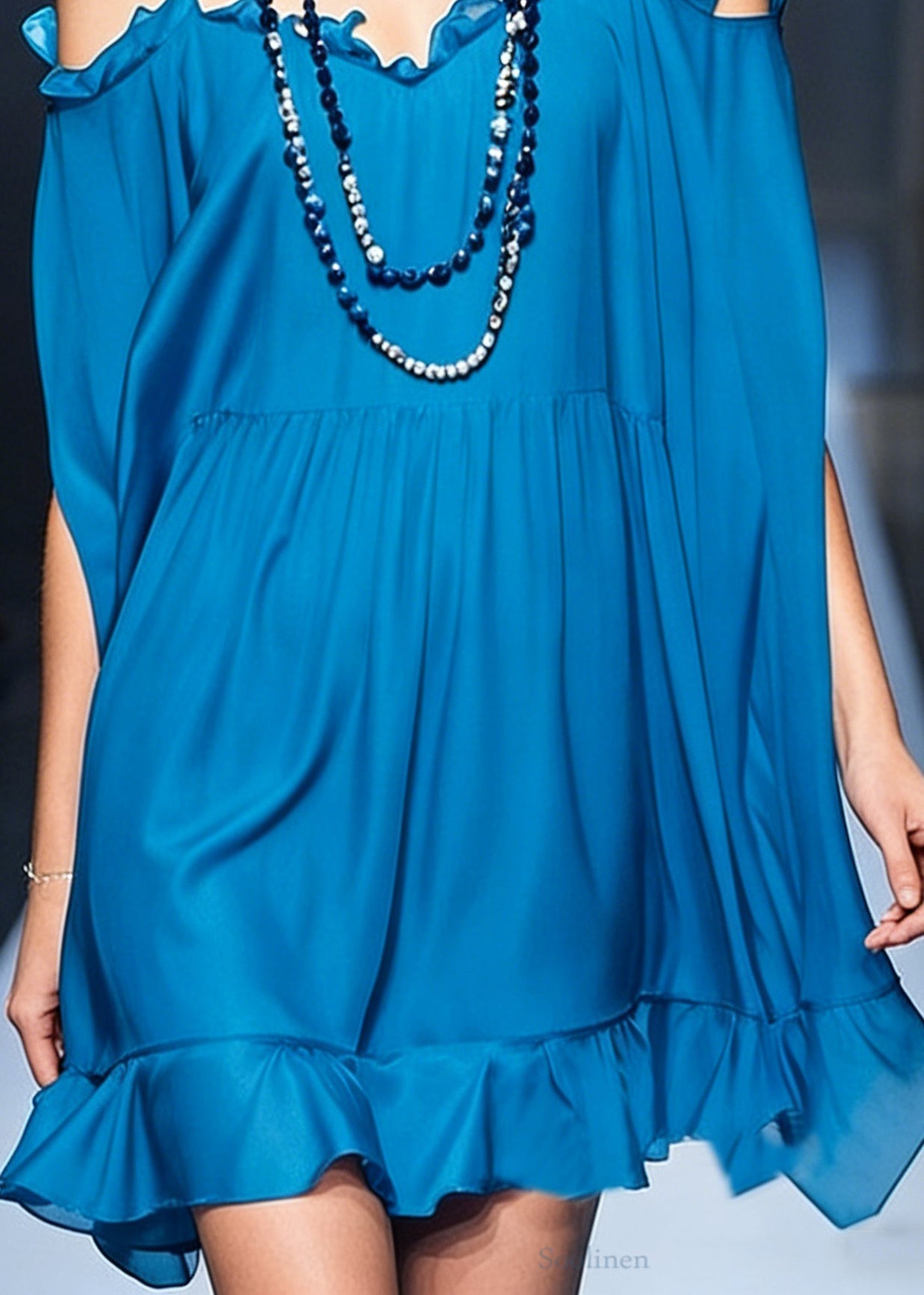 Stylish Peacock Blue Cold Shoulder Ruffled Chiffon Spaghetti Strap Dress Summer