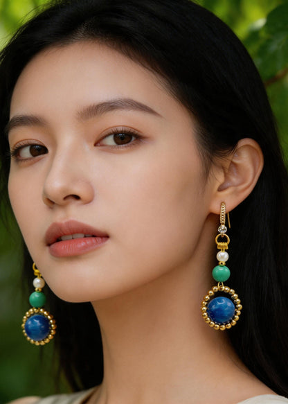 Stylish Peacock Blue Gem Stone Ethnic Style Drop Earrings