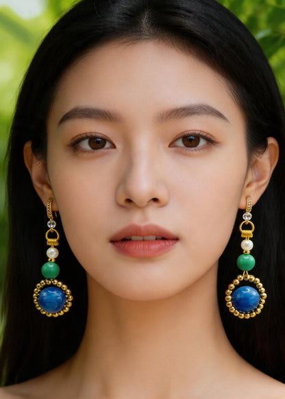 Stylish Peacock Blue Gem Stone Ethnic Style Drop Earrings