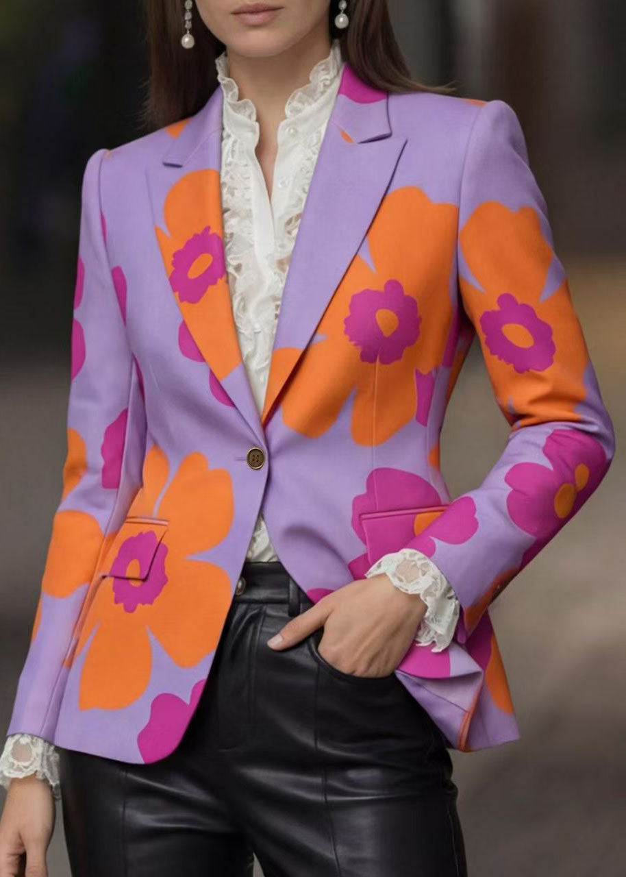 Stylish Peter Pan Collar Button Print Cotton Blazer Jackets Coat Fall