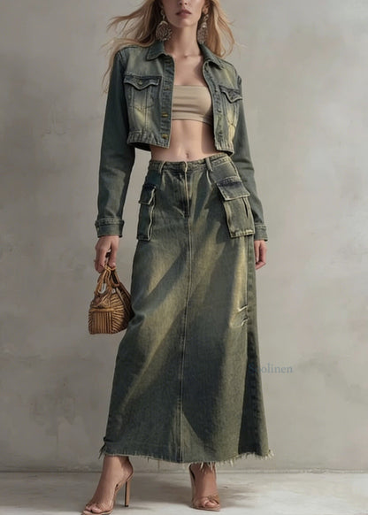Stylish Peter Pan Collar Coat And Skirts Denim Two Pieces Set Spring