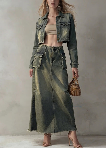 Stylish Peter Pan Collar Coat And Skirts Denim Two Pieces Set Spring