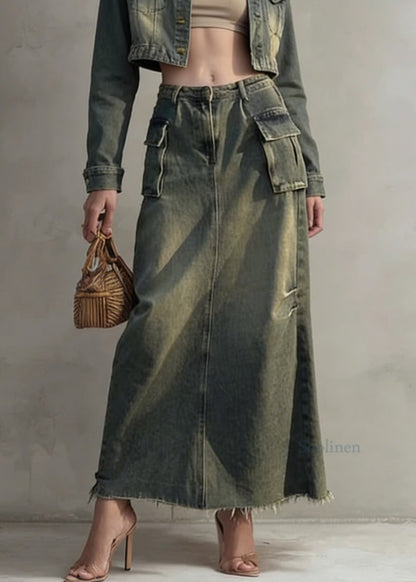 Stylish Peter Pan Collar Coat And Skirts Denim Two Pieces Set Spring