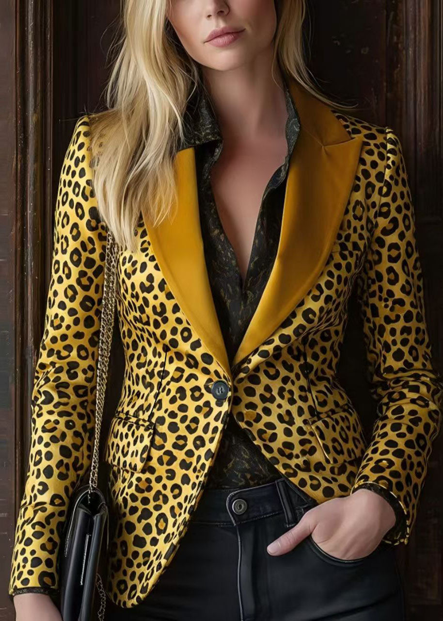Stylish Peter Pan Collar Leopard Print Button Blazer Jackets Coat Fall