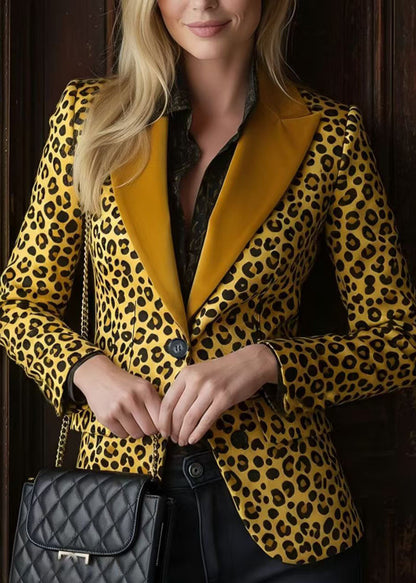 Stylish Peter Pan Collar Leopard Print Button Blazer Jackets Coat Fall