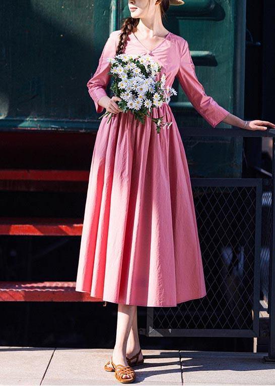 Stylish Pink Button V Neck Mid Summer Cotton Dress - SooLinen