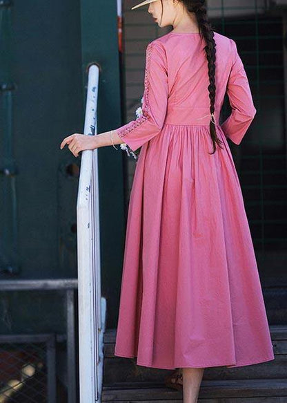 Stylish Pink Button V Neck Mid Summer Cotton Dress - SooLinen