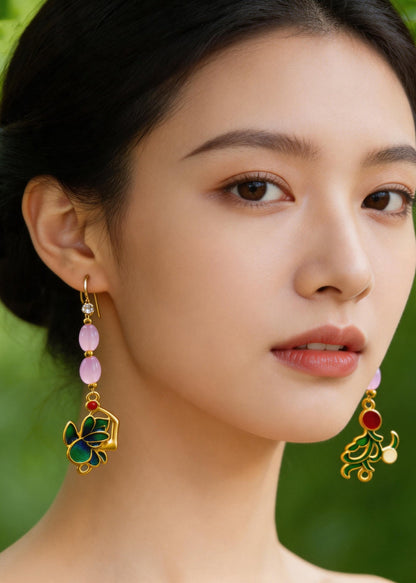 Stylish Pink Crystal Tasseled Ethnic Style Drop Earrings
