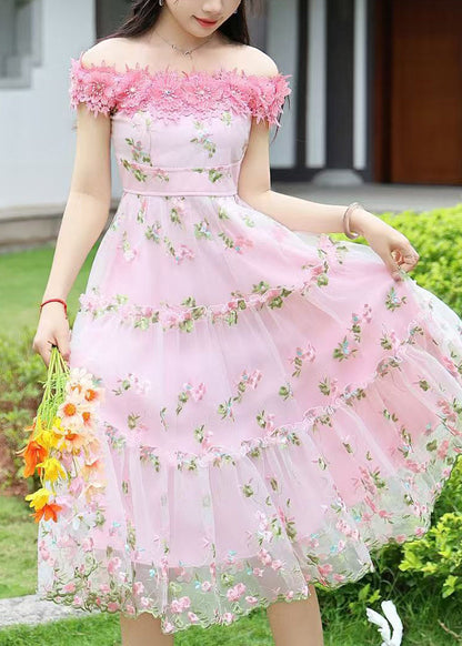 Stylish Pink Embroidered Floral Lace Tea Dress Summer