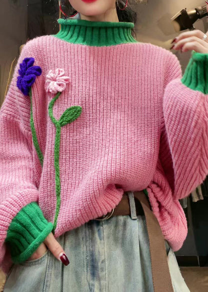 Suéter de punto con cuello alto y estampado floral de patchwork rosa elegante para invierno