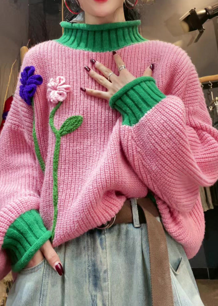 Suéter de punto con cuello alto y estampado floral de patchwork rosa elegante para invierno