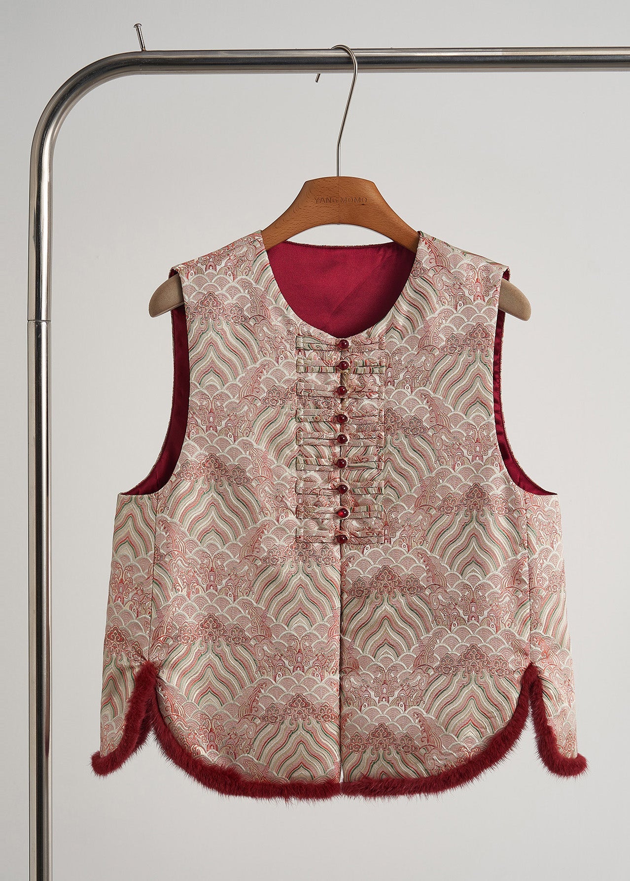 Stylish Pink Jacquard Patchwork Chinese Button Silk Vests Fall