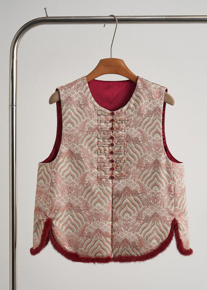 Stylish Pink Jacquard Patchwork Chinese Button Silk Vests Fall