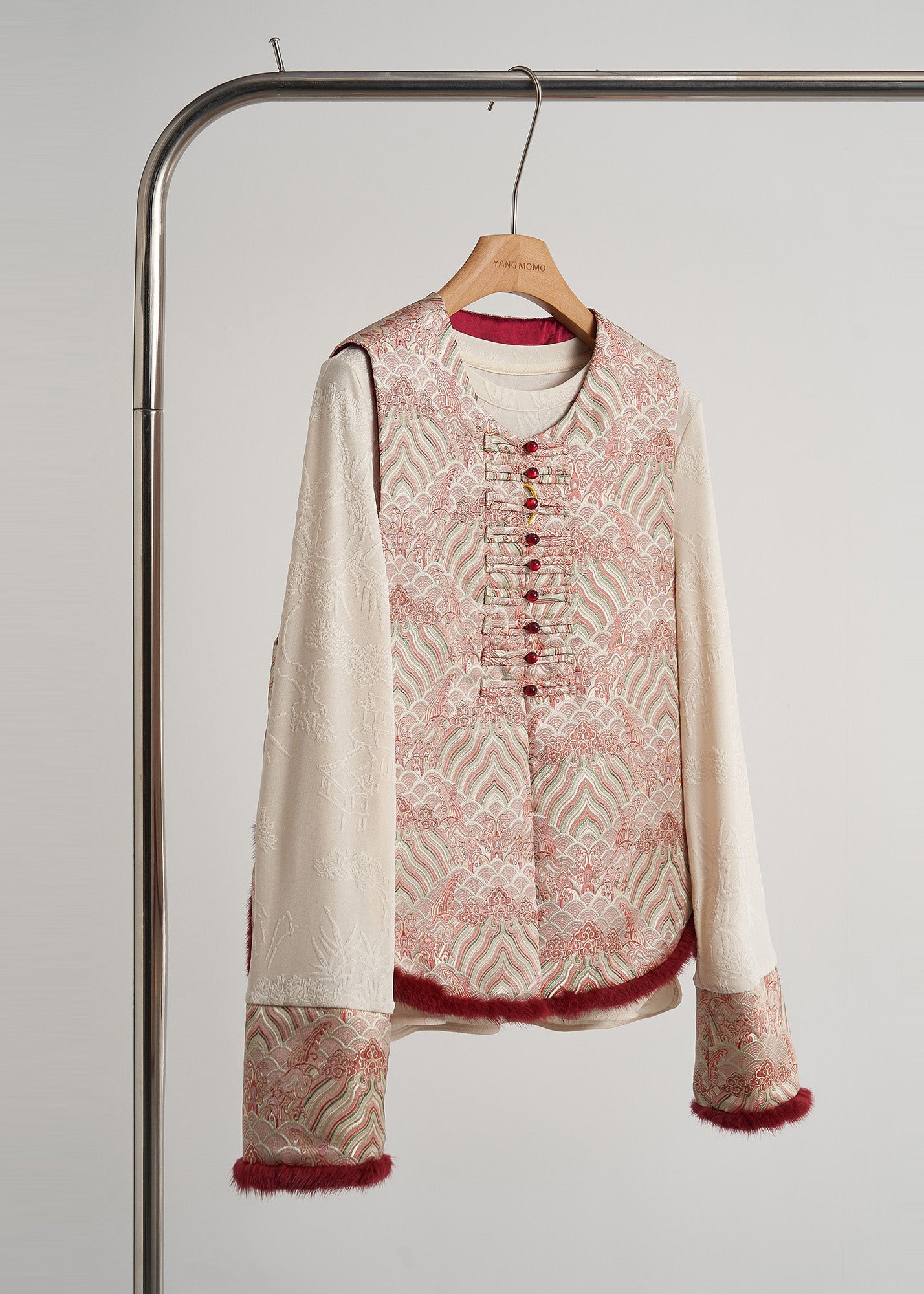 Stylish Pink Jacquard Patchwork Chinese Button Silk Vests Fall