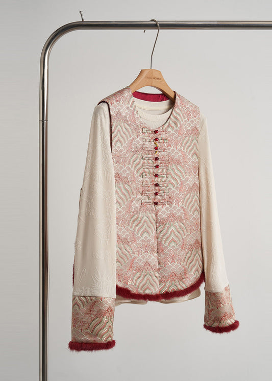 Stylish Pink Jacquard Patchwork Chinese Button Silk Vests Fall