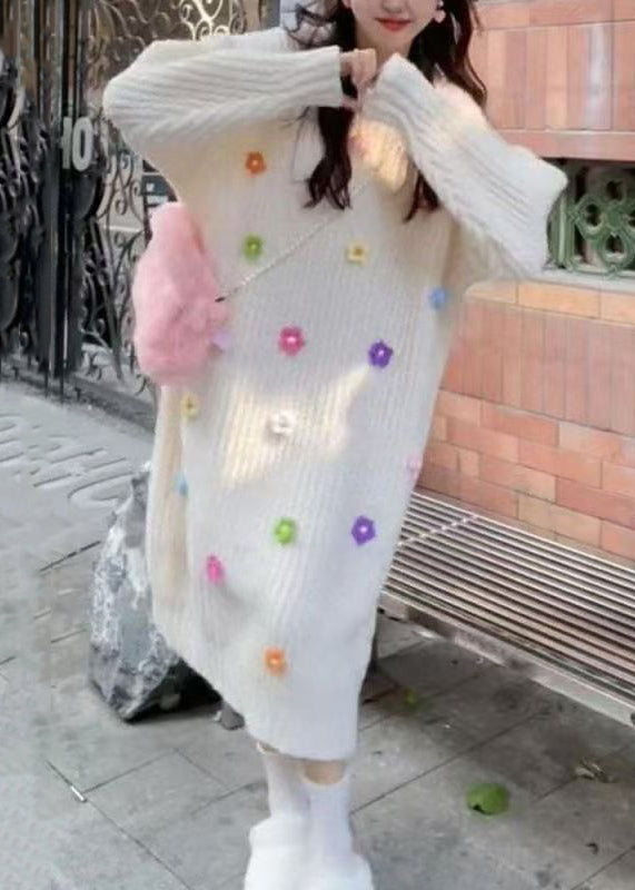 Stylish Pink O Neck Floral Long Knit Dress Winter