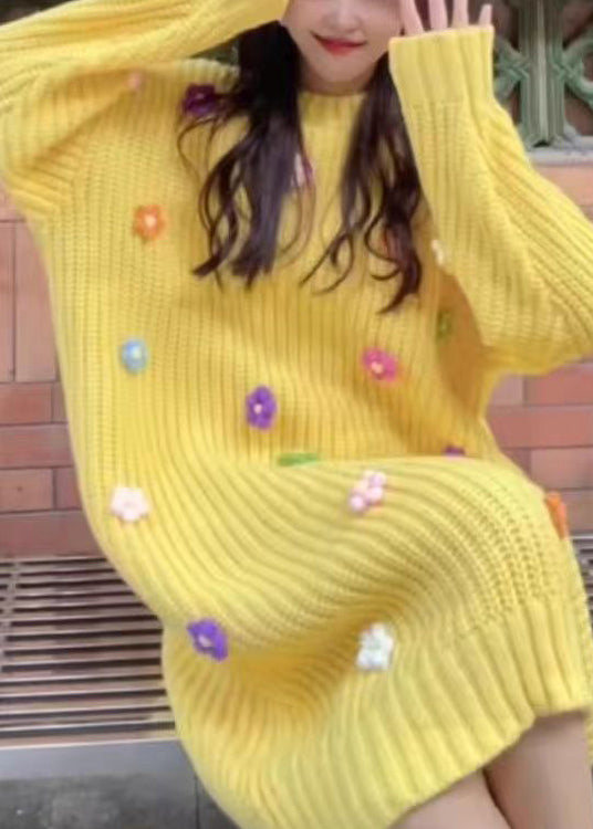 Stylish Pink O Neck Floral Long Knit Dress Winter