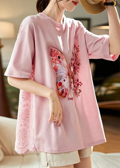 Stylish Pink O-Neck Hollow Out Butterfly Print Cotton Top Short Sleeve
