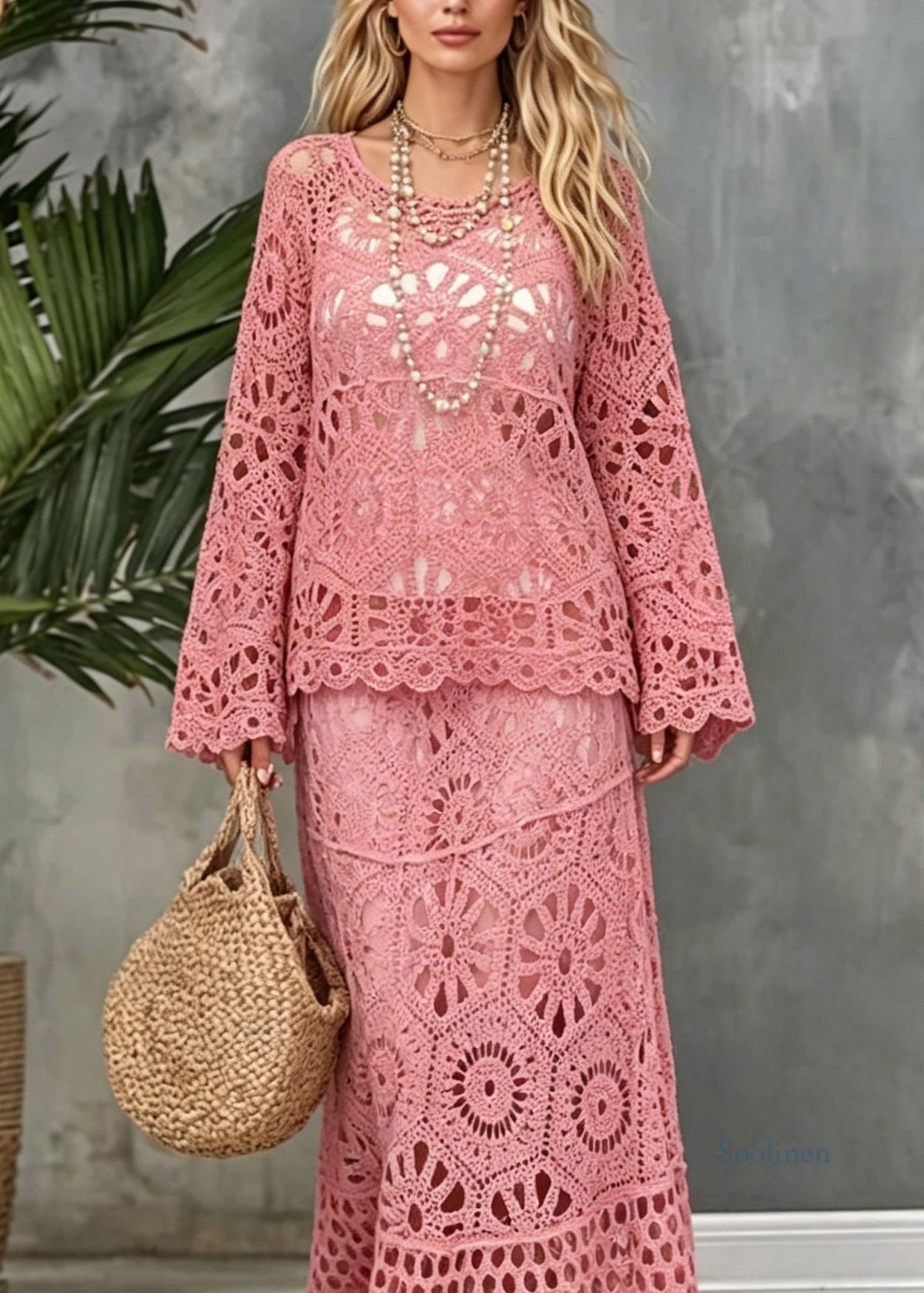 Stylish Pink O Neck Patchwork Hollow Out Lace Two Pieces Set Summer