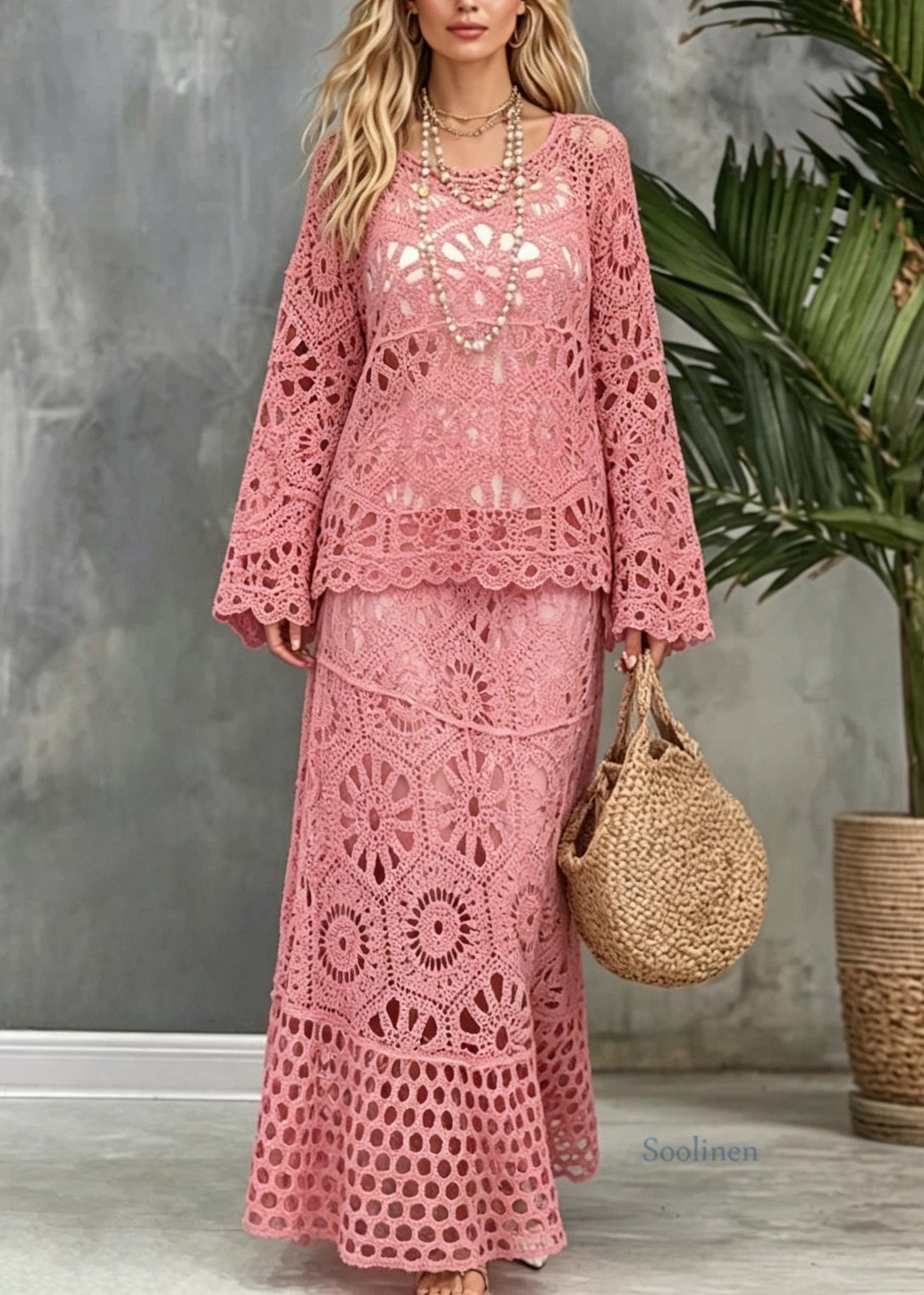 Stylish Pink O Neck Patchwork Hollow Out Lace Two Pieces Set Summer