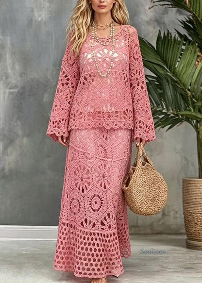 Stylish Pink O Neck Patchwork Hollow Out Lace Two Pieces Set Summer