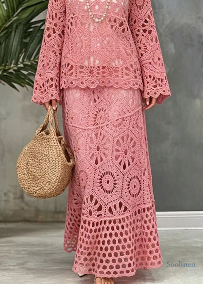 Stylish Pink O Neck Patchwork Hollow Out Lace Two Pieces Set Summer