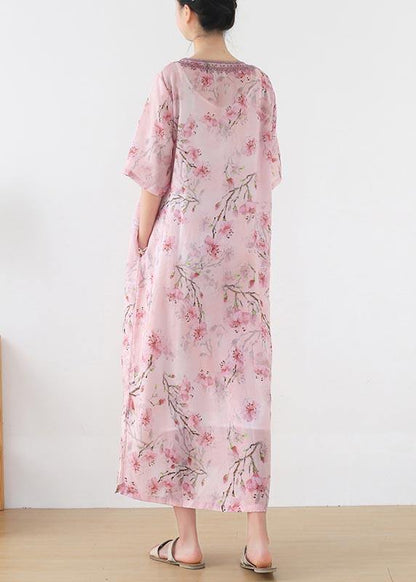 Stylish Pink Print Floral Oriental Summer Linen Dress - SooLinen