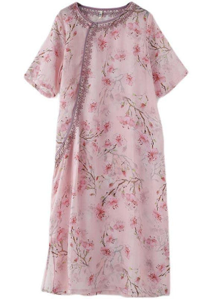 Stylish Pink Print Floral Oriental Summer Linen Dress - SooLinen