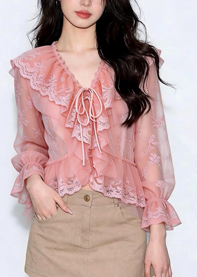 Stylish Pink Ruffled Lace Up Patchwork Chiffon Tops Long Sleeve