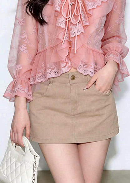 Stylish Pink Ruffled Lace Up Patchwork Chiffon Tops Long Sleeve