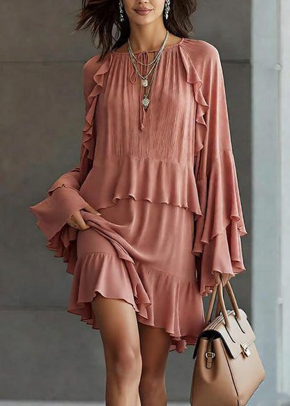 Stylish Pink Ruffled Patchwork Chiffon Mid Dress Spring