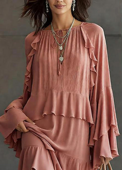 Stylish Pink Ruffled Patchwork Chiffon Mid Dress Spring