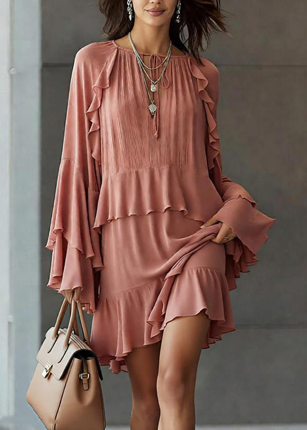 Stylish Pink Ruffled Patchwork Chiffon Mid Dress Spring