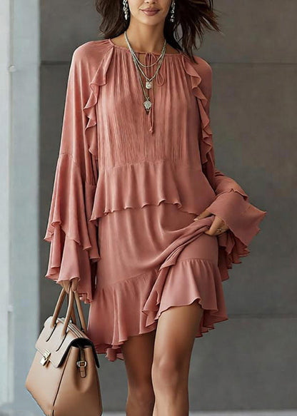 Stylish Pink Ruffled Patchwork Chiffon Mid Dress Spring
