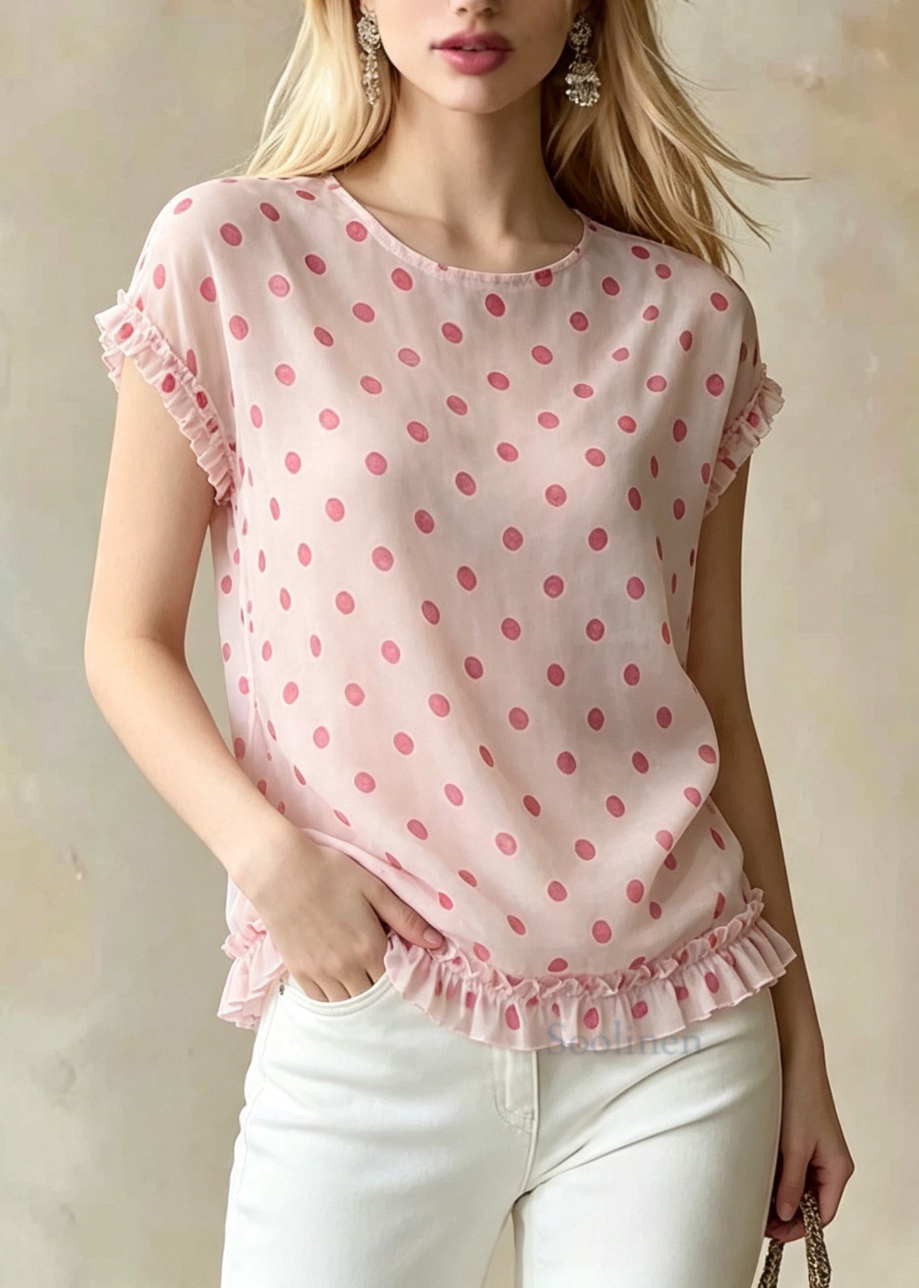 Stylish Pink Ruffled Print Cotton Blouses Summer