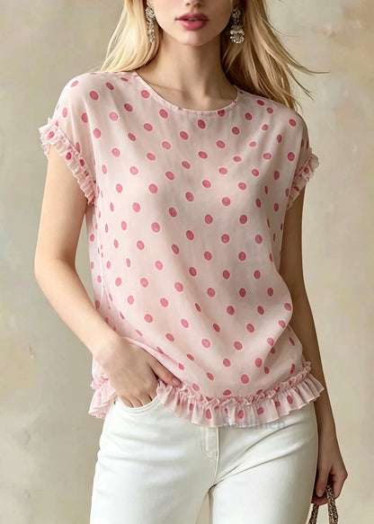 Stylish Pink Ruffled Print Cotton Blouses Summer