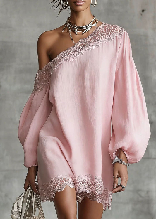 Stylish Pink Slash Neck Lace Patchwork Cotton Dress Summer