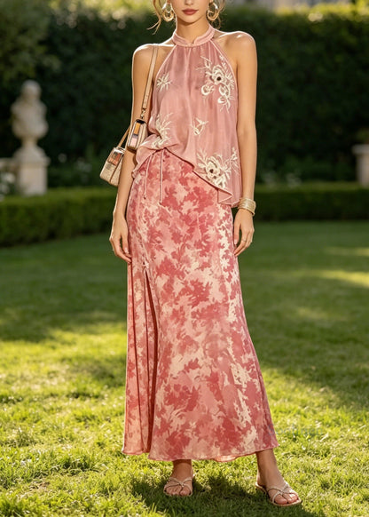 Stylish Pink Tulle Embroidered Top And Velour Skirts Two Piece Suit Set Summer