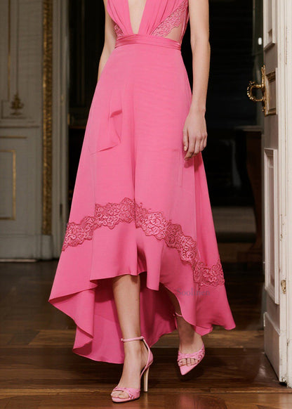 Stylish Pink V Neck Asymmetrical Design Maxi Dresses Summer