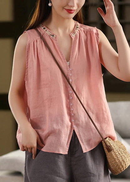 Stylish Pink V Neck Button Linen Blouses Sleeveless