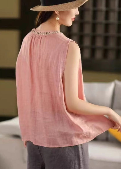 Stylish Pink V Neck Button Linen Blouses Sleeveless