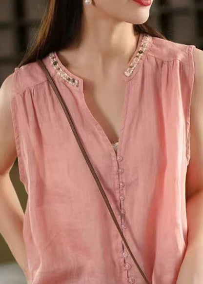 Stylish Pink V Neck Button Linen Blouses Sleeveless