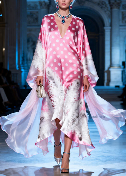 Stylish Pink V Neck Dot Feather Print Silk Long Dress Summer