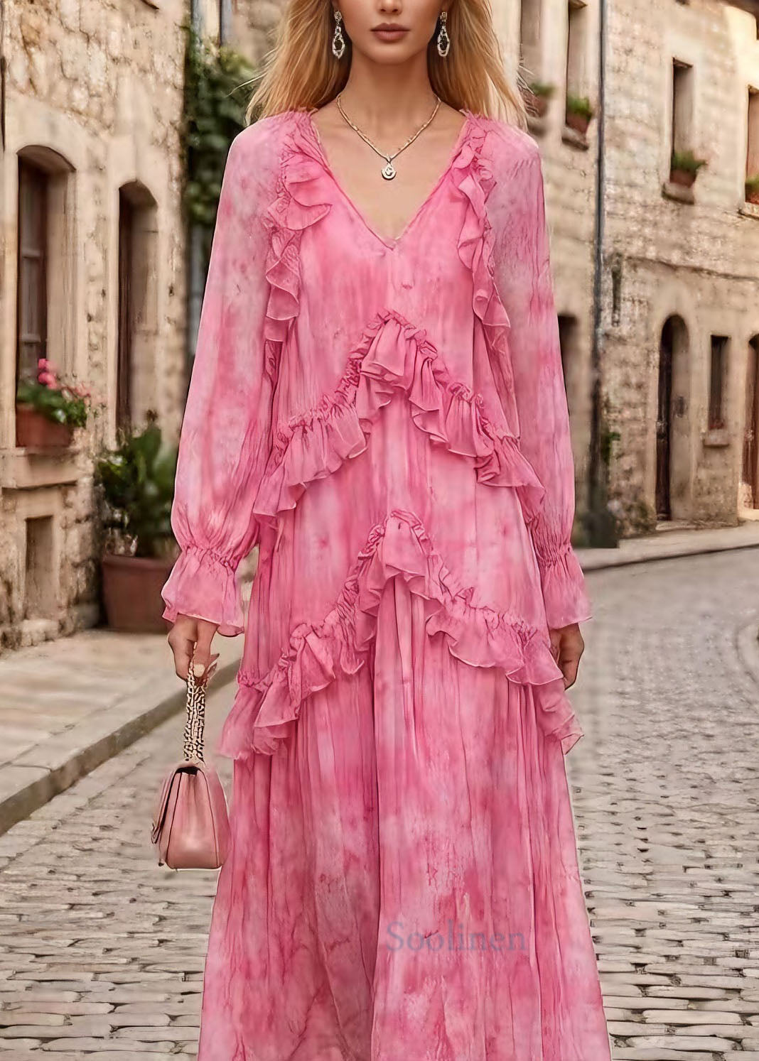 Stylish Pink V Neck Ruffled Patchwork Chiffon Dress Spring