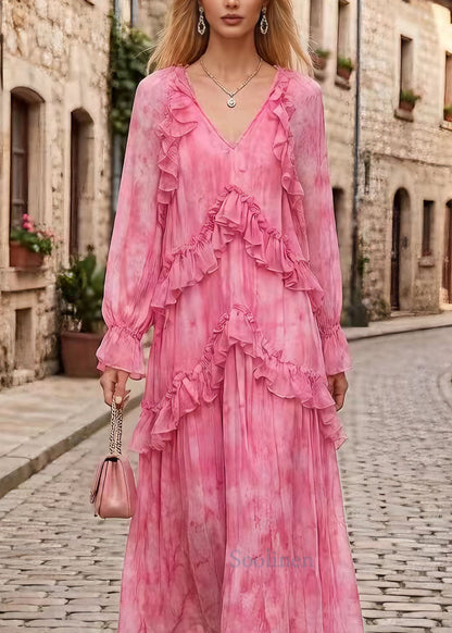 Stylish Pink V Neck Ruffled Patchwork Chiffon Dress Spring